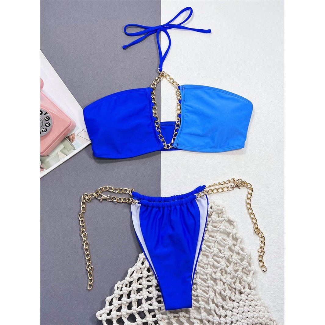 Metal Chains Halter Bikini - Patchwork Bandeau Swimsuit for Women's Brazilian Style