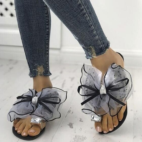 Chic Bowtie Lace Floral Slippers - Crystal-Embellished Women's Beach Flats up to Size 42