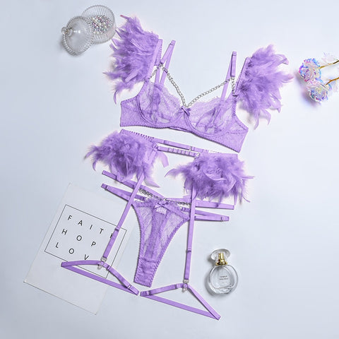 Luxury French Lace Lingerie Set - Bra, Thong, Garter Belt - Erotic & Transparent