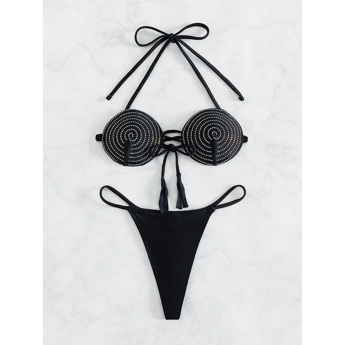 Luxury Rhinestone Halter Bikini - Black Lace-Up Micro Swimsuit for Women