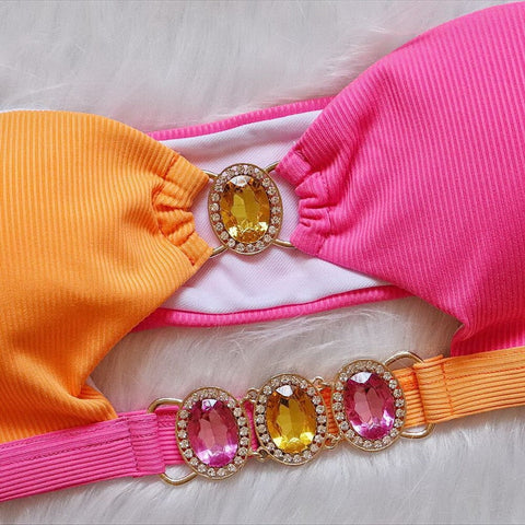 Luxury Cameo Push-Up Bikini Set - Rhinestone-Embellished Bandeau Swimsuit for Women