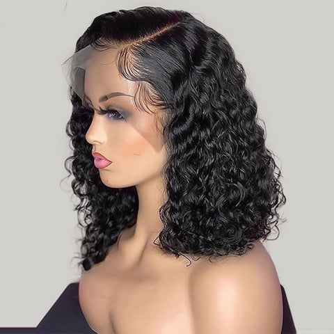 Black Curly Bob Lace Front Wig - 100% Remy Human Hair