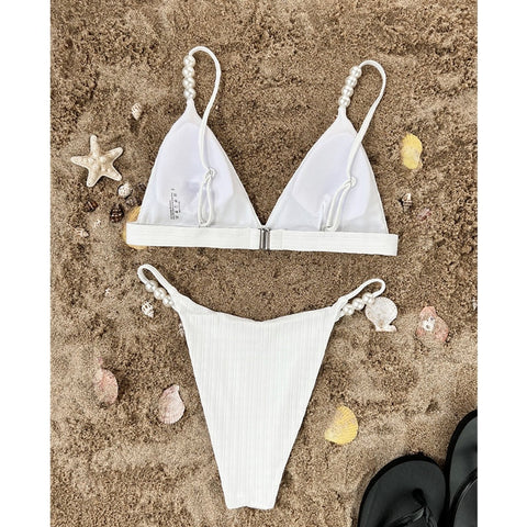 Elegant White Pearl Bikini Set - Sexy V-Neck Swimwear for Women's Summer