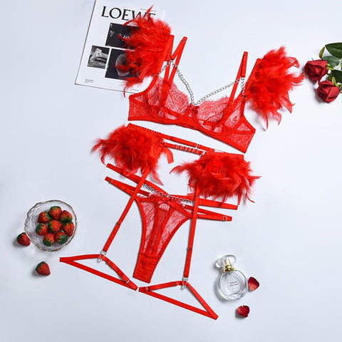 Luxury French Lace Lingerie Set - Bra, Thong, Garter Belt - Erotic & Transparent