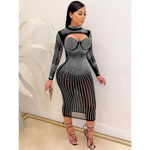 Sexy Sheer Mesh Diamond Bodycon Dress - Women's Luxury Summer Party & Club Wear