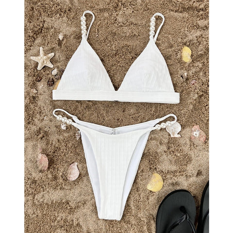 Elegant White Pearl Bikini Set - Sexy V-Neck Swimwear for Women's Summer