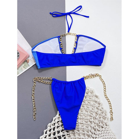 Metal Chains Halter Bikini - Patchwork Bandeau Swimsuit for Women's Brazilian Style
