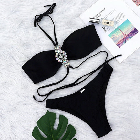 Luxury Rhinestone Halter Tankini - Black Push-Up Bikini Set for Women's Swimwear