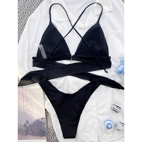 Black Rhinestone Heart Bikini - Sexy Brazilian Halter-Neck High-Cut Swimwear