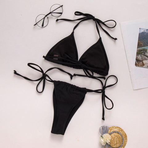 Black Flame Rhinestone Bikini - Elegant Triangle Halter Swimsuit for Women's Swim
