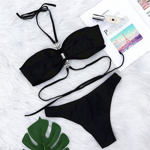 Luxury Rhinestone Halter Tankini - Black Push-Up Bikini Set for Women's Swimwear