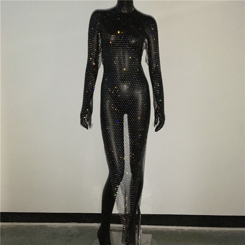 Rhinestone Grid Fishnet Dress - Sexy Long Sleeve O-Neck Beach Cover-Up