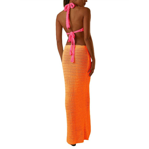 Sleeveless Halter V-Neck Knit Dress - Backless Summer Contrast