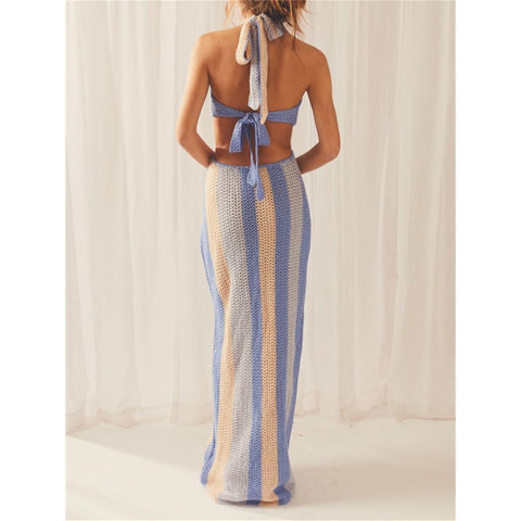 Sleeveless Halter V-Neck Knit Dress - Backless Summer Contrast