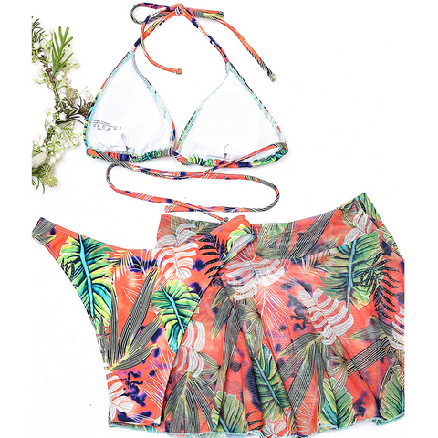 Feel the Summer Breeze in this Big Flower and Leaf Print Three-Piece Bikini
