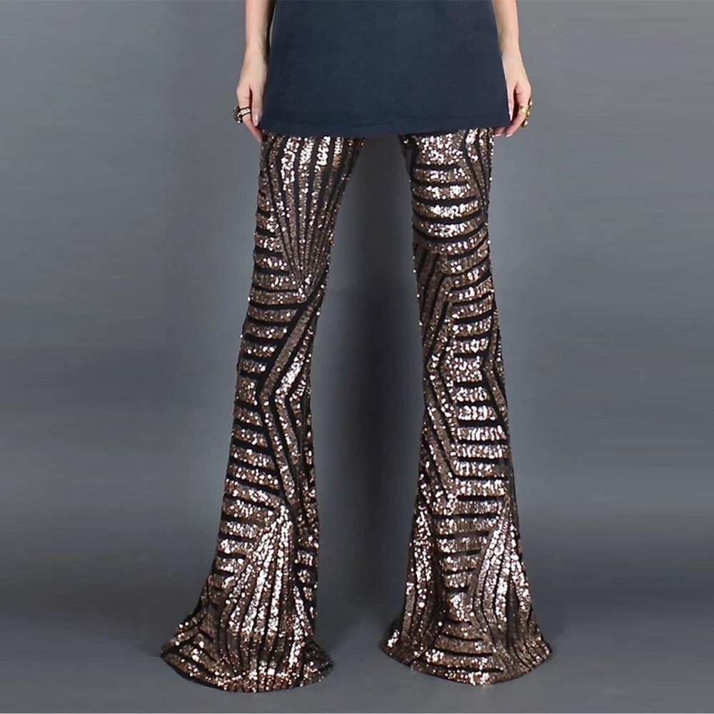 Black/Apricot Sequin Trousers, Disco Dance Woman Long Pants - 28Swim