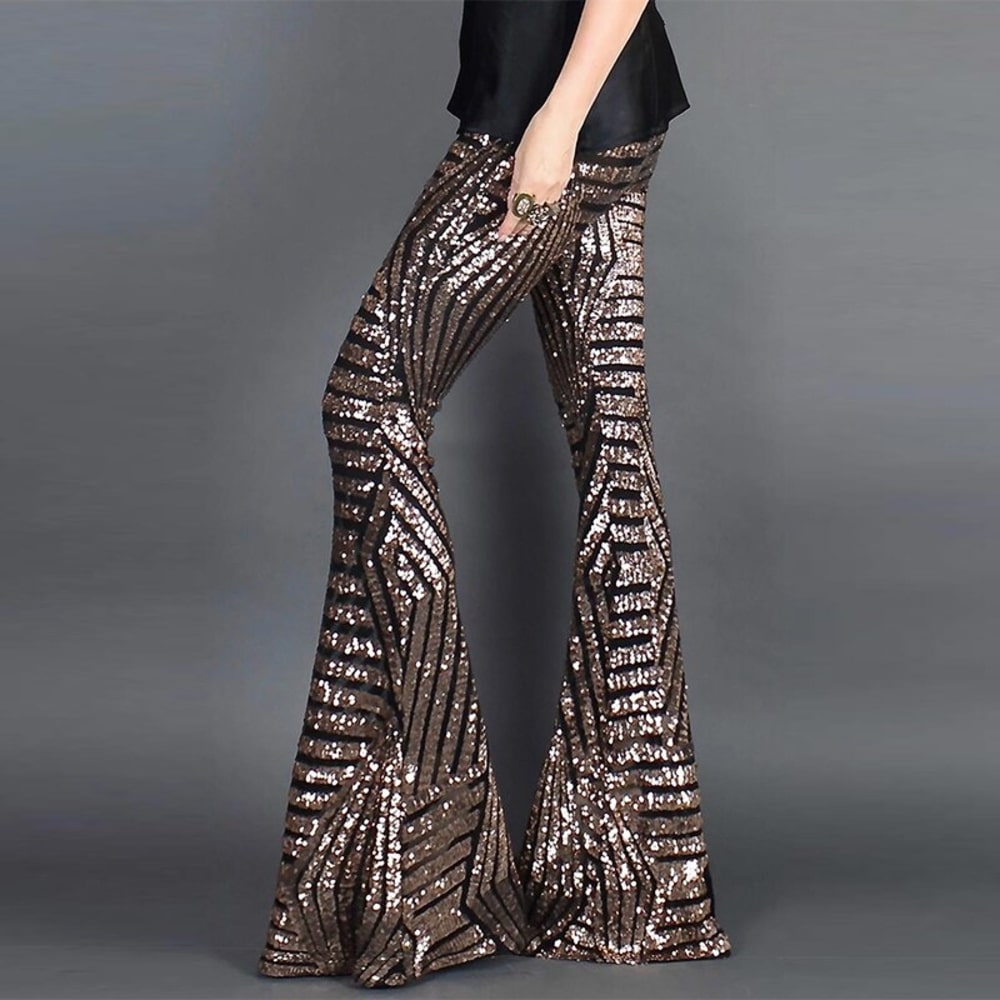 Black/Apricot Sequin Trousers, Disco Dance Woman Long Pants - 28Swim