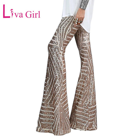 Black/Apricot Sequin Trousers, Disco Dance Woman Long Pants - 28Swim