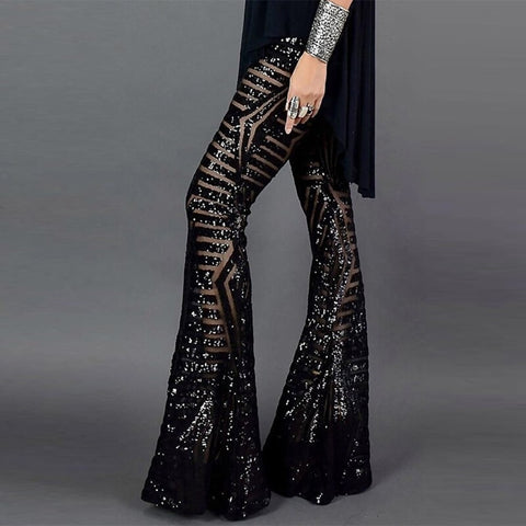 Black/Apricot Sequin Trousers, Disco Dance Woman Long Pants - 28Swim