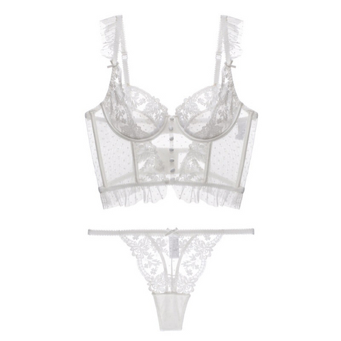 Women's Lingerie Set - Lace Push-Up Brassiere & Transparent Panty in Wedding White
