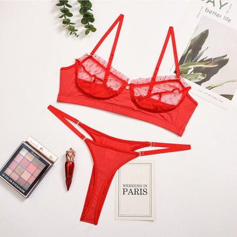 Sexy Red Lace Lingerie Set - Push-Up Bra & Transparent Panty
